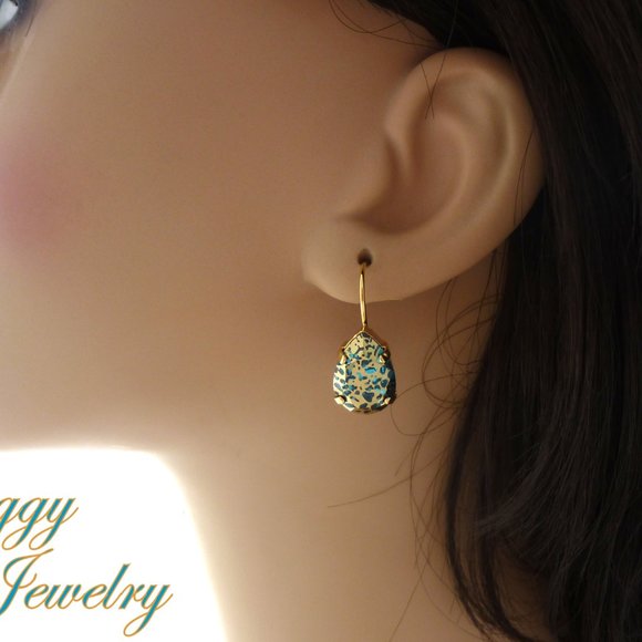 Aquamarine Gold Patina Premium Crystal Pear Shaped Drop Lever Back Earrings - Picture 5 of 6